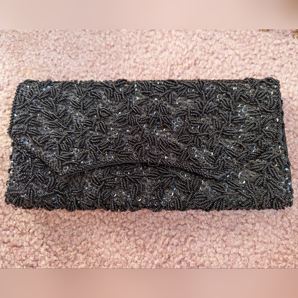 🖤 Vintage La Regale Clutch Black Hand Beaded Bling 10"x 5", snap, black satin